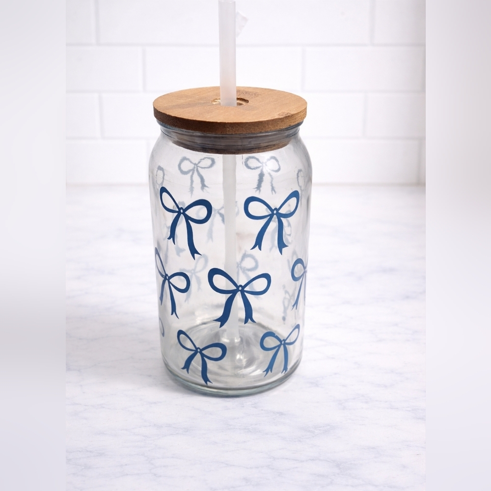 🎀Coquette Navy Bow Iced Coffee Glass | Bamboo Lid + Straw 🎀